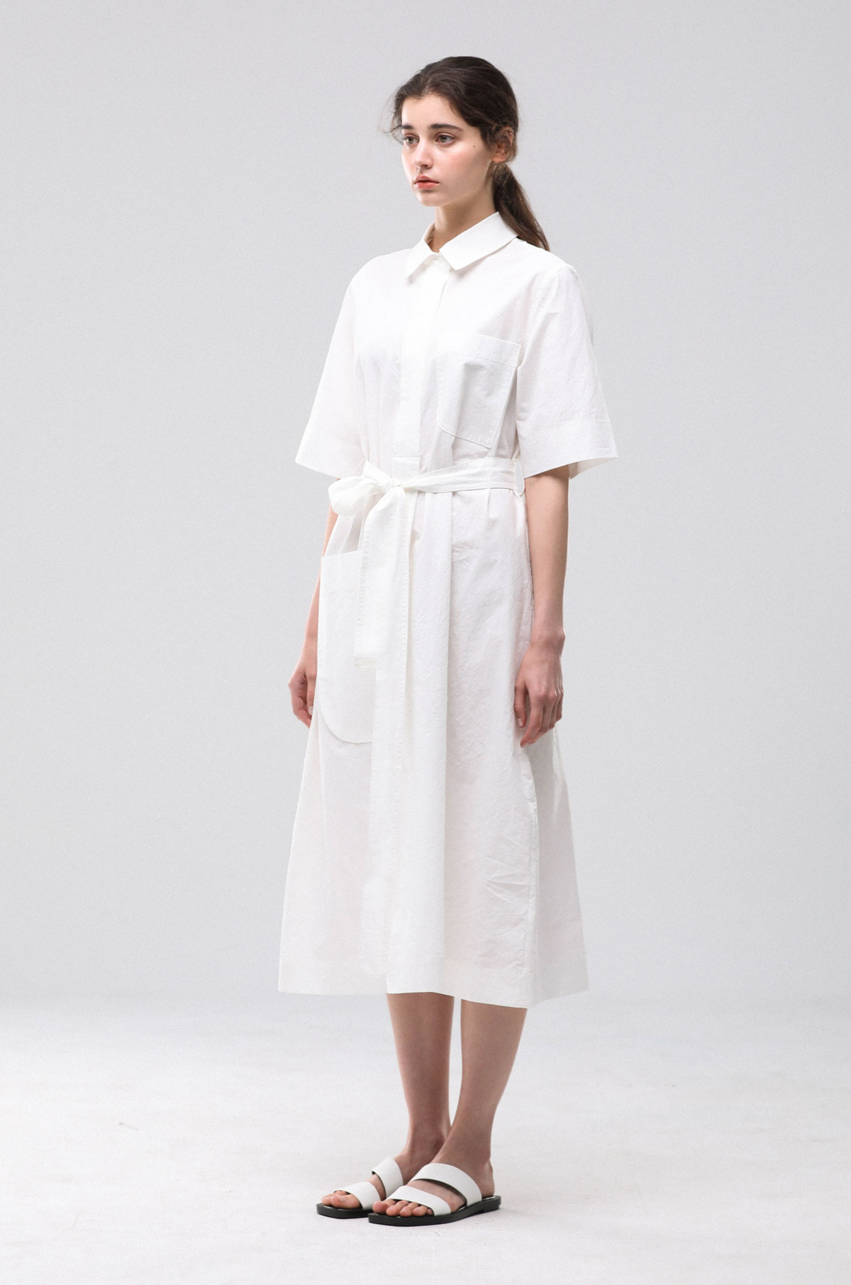 Pocket Shirt Long Dress (White)