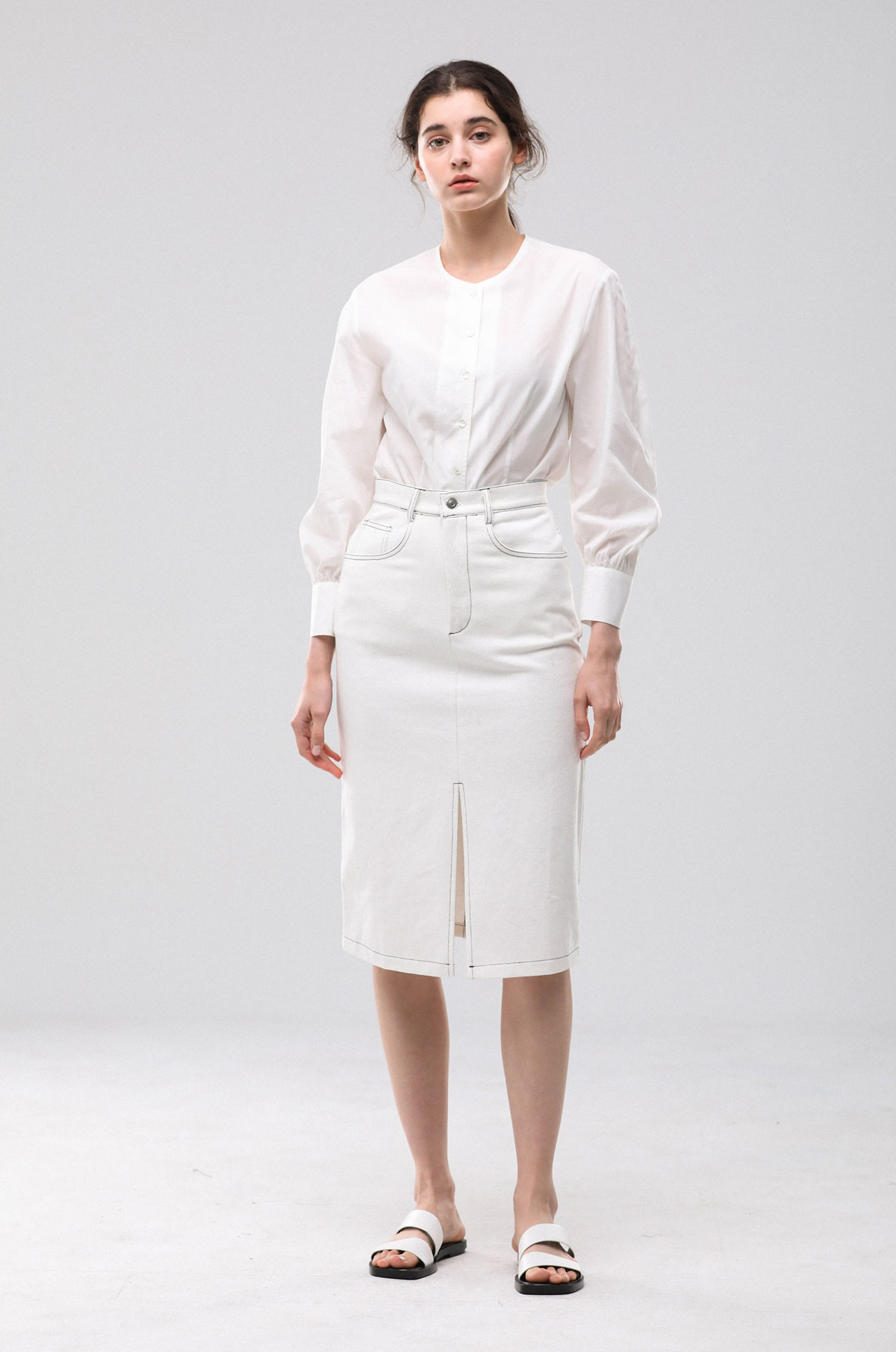 Denim Slit Skirt (White)