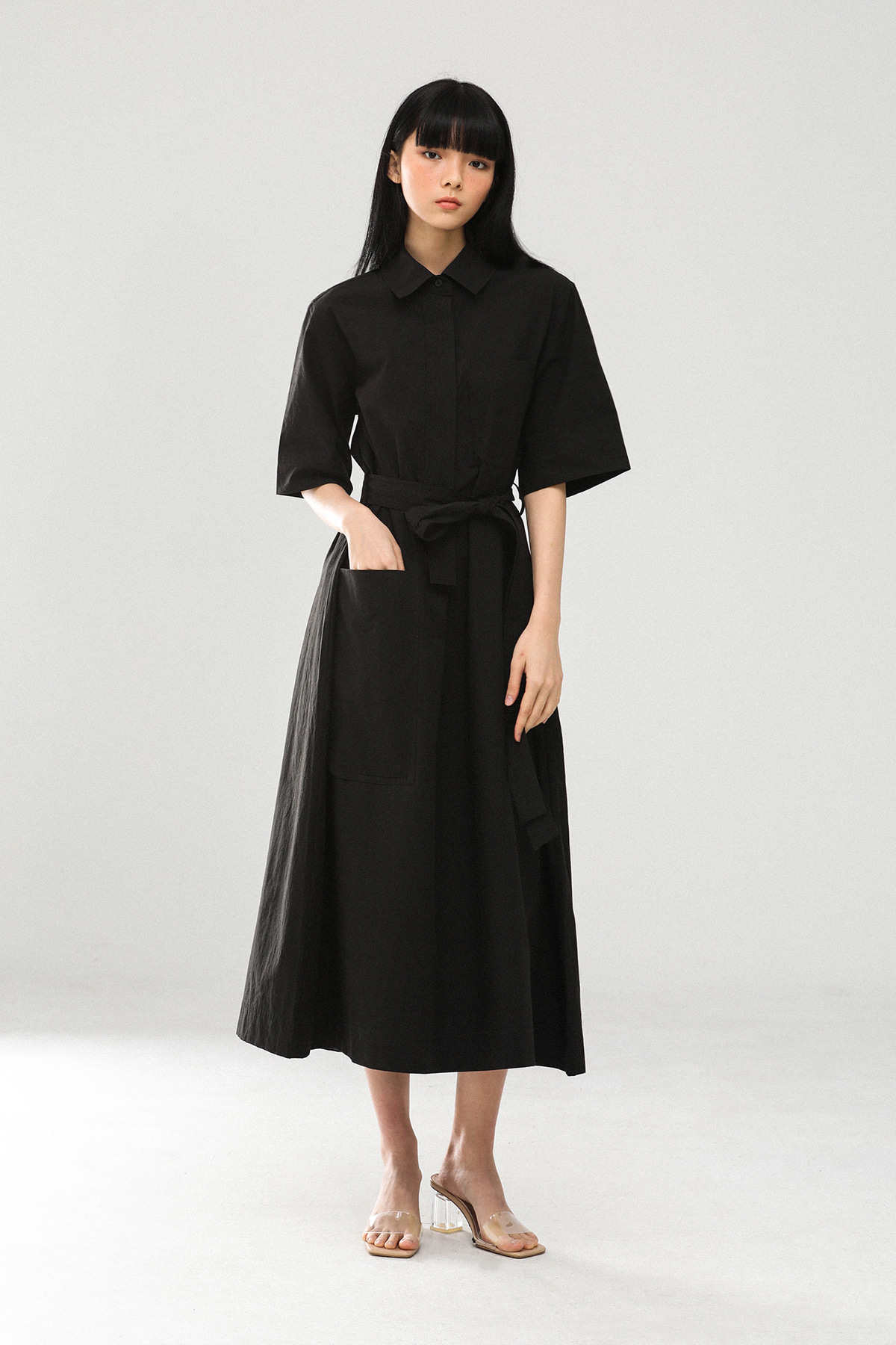 Pocket Shirt Long Dress (Black)